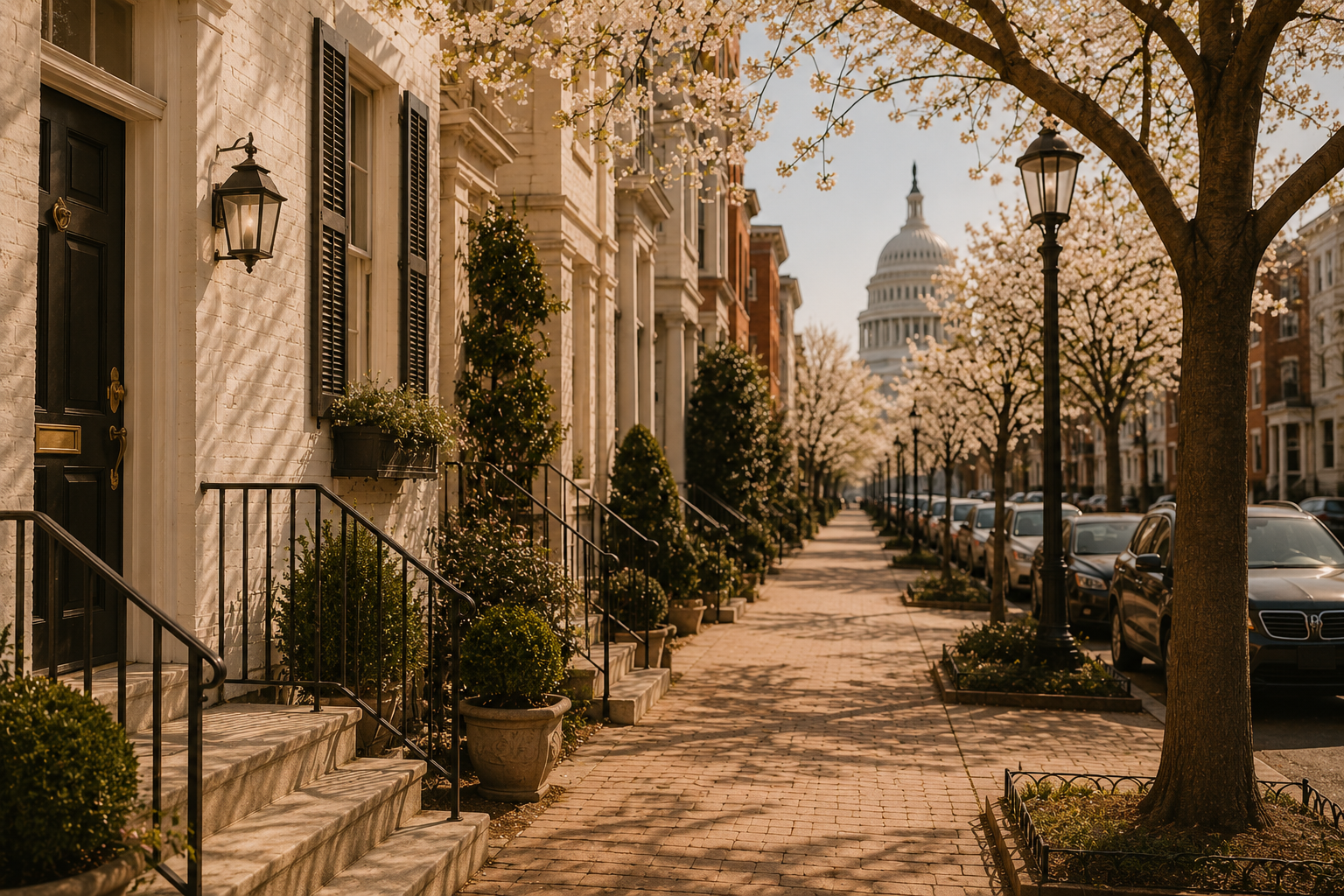 Washington DC street in cherry blossom season